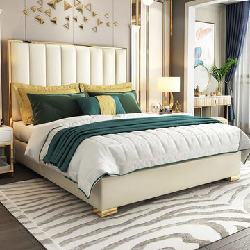 Queen Size Platform Bed White Upholstered Faux Leather Bed with Gold Legs